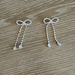 Bow Rhinestone Drop Earrings - Silver Clear Crystal